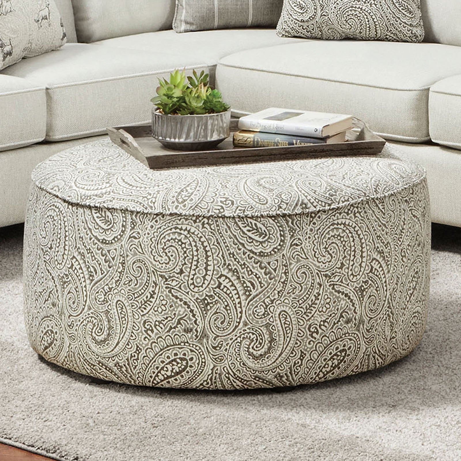 Transitional Style Round Upholstery Ottoman Welt Trim Paisley Pattern Multi Finish
