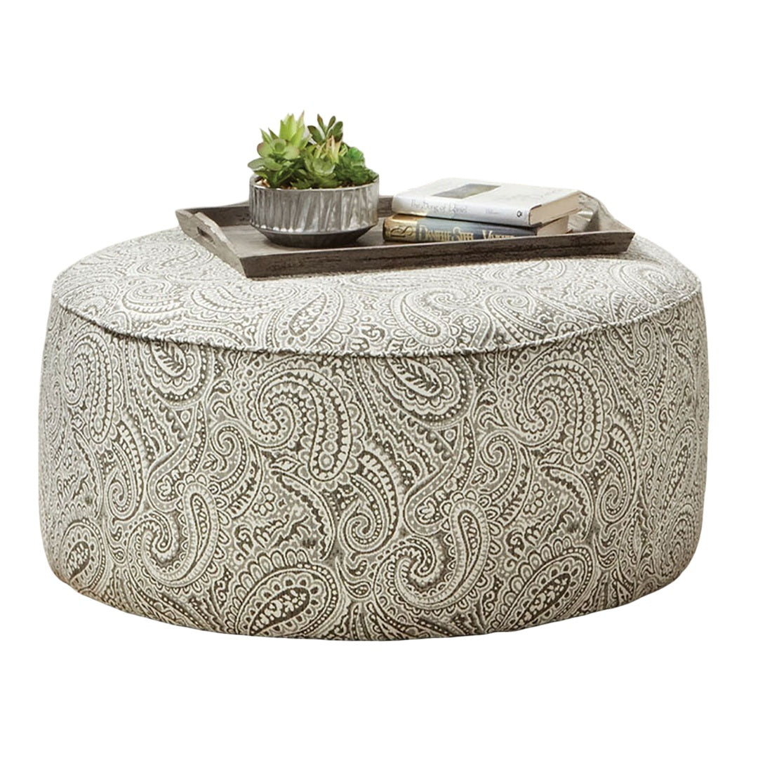 Transitional Style Round Upholstery Ottoman Welt Trim Paisley Pattern Multi Finish