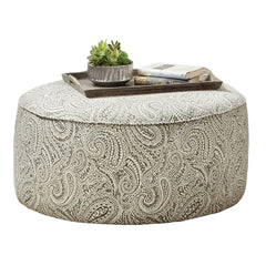 Transitional Style Round Upholstery Ottoman Welt Trim Paisley Pattern Multi Finish