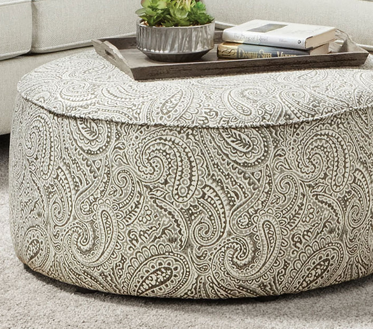 Transitional Style Round Upholstery Ottoman Welt Trim Paisley Pattern Multi Finish