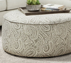 Transitional Style Round Upholstery Ottoman Welt Trim Paisley Pattern Multi Finish