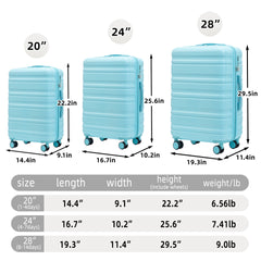 HIFINE TOURIST 20"/24"/28" 3 pcs/set in ABS Spinner Wheel Luggage, Carry on Suitcase, Matching Color, TSA Combination Lock (Blue)
