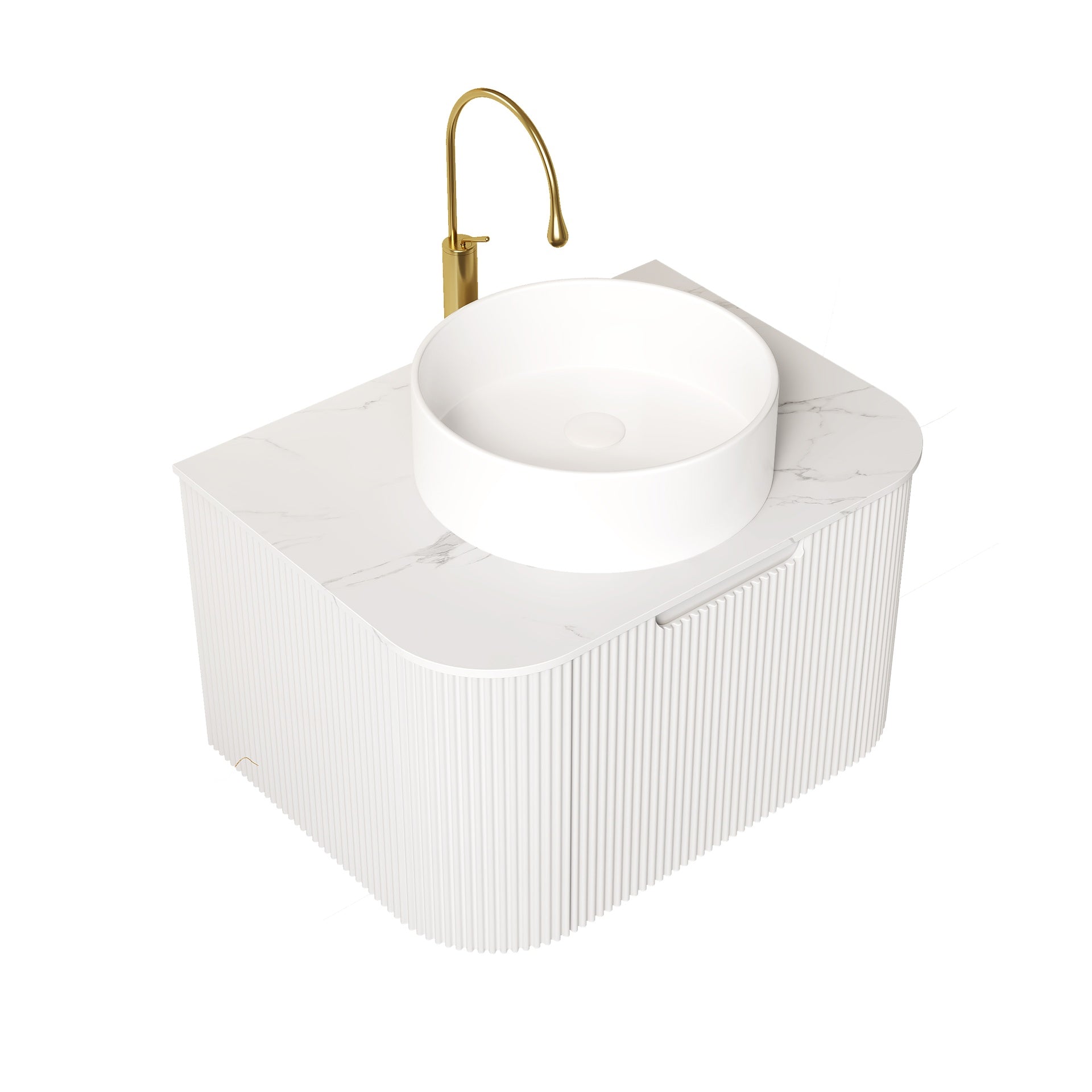 DINA 24" Bathroom Vanity&Sink, Floating Curved Edges Striped Plywood Storage Bathroom Cabinet with Drawer, White Round Ceramic Basin& Carrara White Sintered Stone Top, Pre-assembled, White (New SKU)