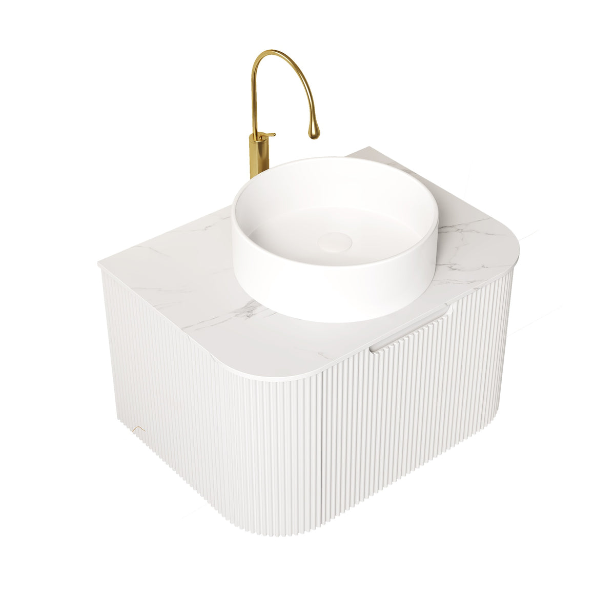 DINA 24" Bathroom Vanity&Sink, Floating Curved Edges Striped Plywood Storage Bathroom Cabinet with Drawer, White Round Ceramic Basin& Carrara White Sintered Stone Top, Pre-assembled, White (New SKU)