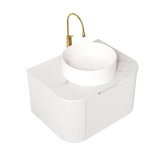 DINA 24" Bathroom Vanity&Sink, Floating Curved Edges Striped Plywood Storage Bathroom Cabinet with Drawer, White Round Ceramic Basin& Carrara White Sintered Stone Top, Pre-assembled, White (New SKU)