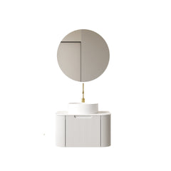 DINA 24" Bathroom Vanity&Sink, Floating Curved Edges Striped Plywood Storage Bathroom Cabinet with Drawer, White Round Ceramic Basin& Carrara White Sintered Stone Top, Pre-assembled, White (New SKU)