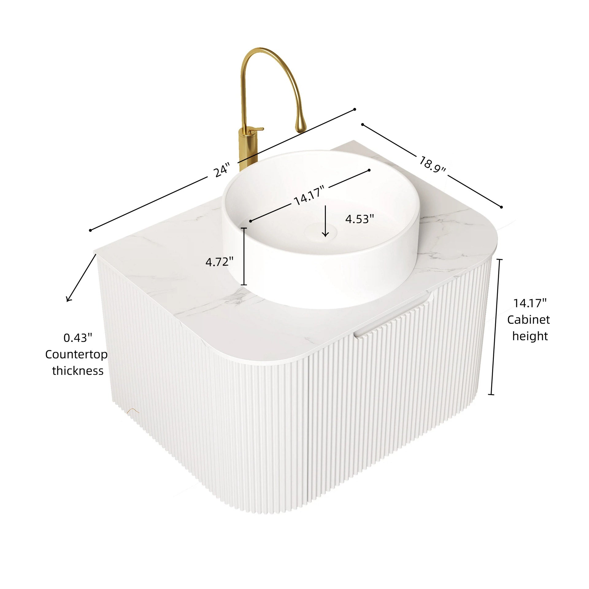 DINA 24" Bathroom Vanity&Sink, Floating Curved Edges Striped Plywood Storage Bathroom Cabinet with Drawer, White Round Ceramic Basin& Carrara White Sintered Stone Top, Pre-assembled, White (New SKU)