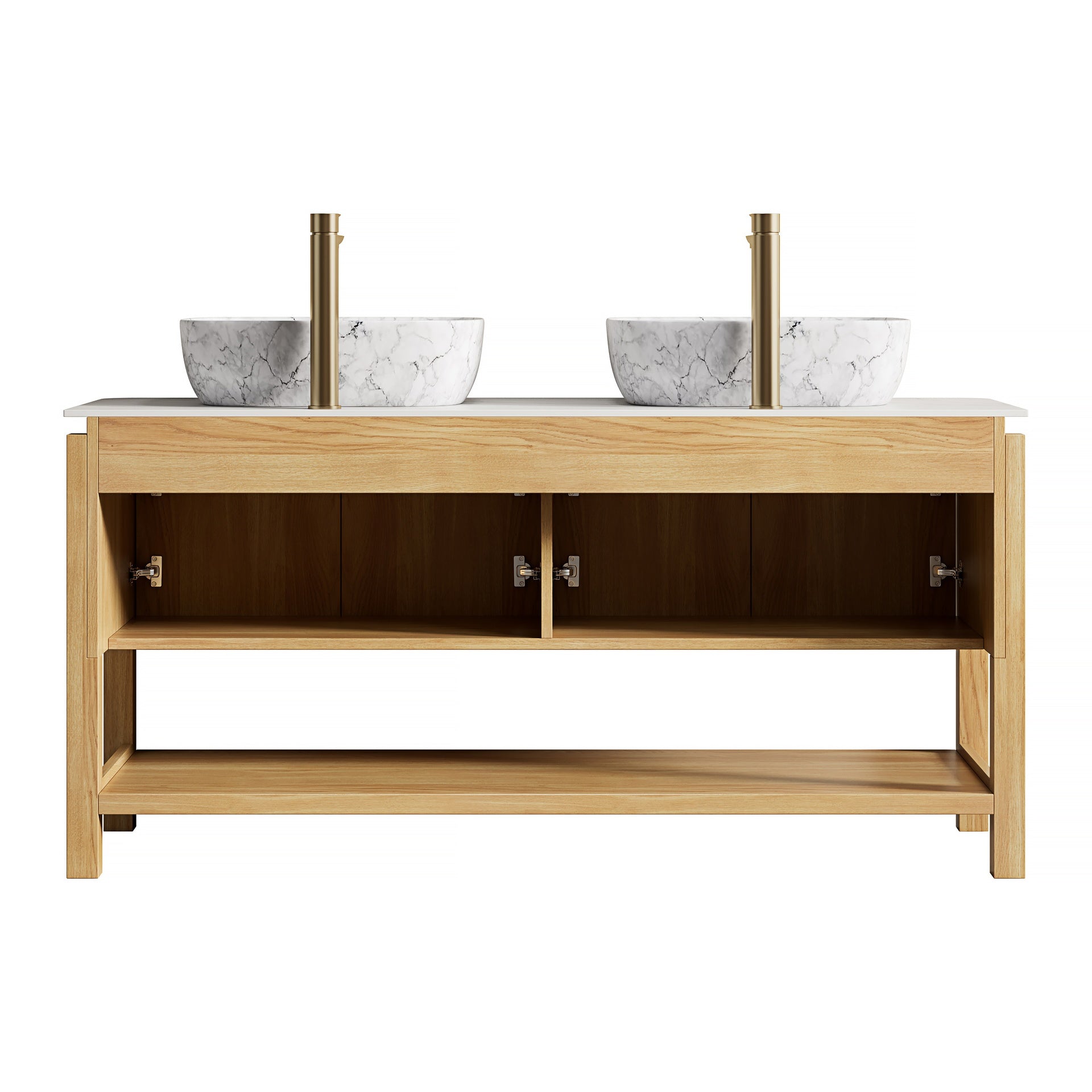 SHARMA 60" Bathroom Vanity&Sinks, Freestanding Plywood Storage Cabinet with 4 Bamboo Texture Doors&Open Shelf, 2 Marble Pattern Ceramic Basins&Carrara White Sintered Stone Top, Woodgrain Color