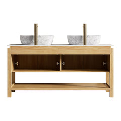SHARMA 60" Bathroom Vanity&Sinks, Freestanding Plywood Storage Cabinet with 4 Bamboo Texture Doors&Open Shelf, 2 Marble Pattern Ceramic Basins&Carrara White Sintered Stone Top, Woodgrain Color