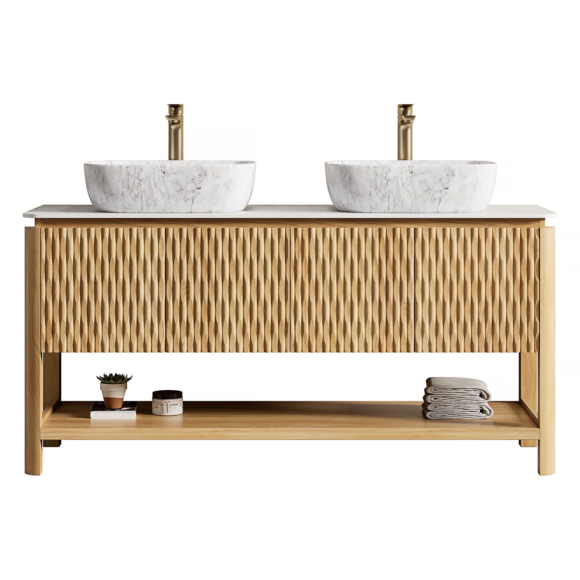 SHARMA 60" Bathroom Vanity&Sinks, Freestanding Plywood Storage Cabinet with 4 Bamboo Texture Doors&Open Shelf, 2 Marble Pattern Ceramic Basins&Carrara White Sintered Stone Top, Woodgrain Color