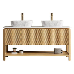 SHARMA 60" Bathroom Vanity&Sinks, Freestanding Plywood Storage Cabinet with 4 Bamboo Texture Doors&Open Shelf, 2 Marble Pattern Ceramic Basins&Carrara White Sintered Stone Top, Woodgrain Color