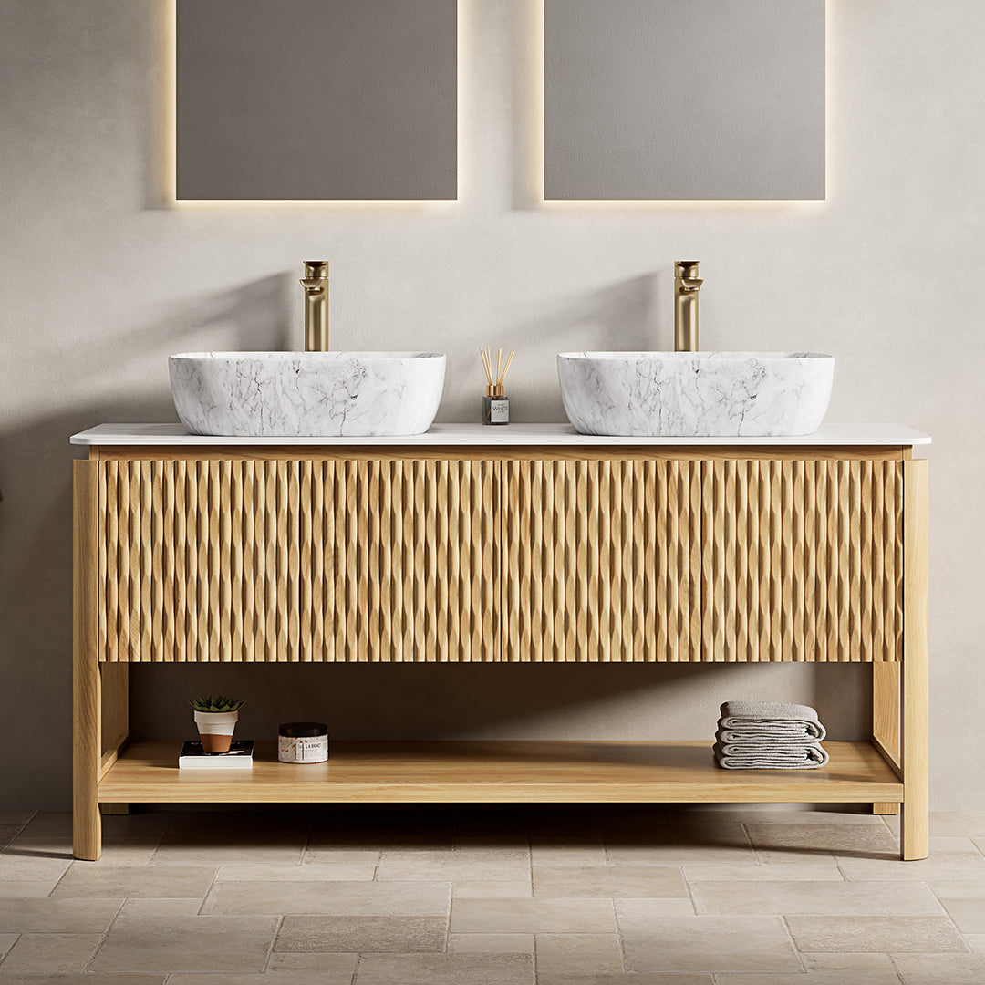 SHARMA 60" Bathroom Vanity&Sinks, Freestanding Plywood Storage Cabinet with 4 Bamboo Texture Doors&Open Shelf, 2 Marble Pattern Ceramic Basins&Carrara White Sintered Stone Top, Woodgrain Color