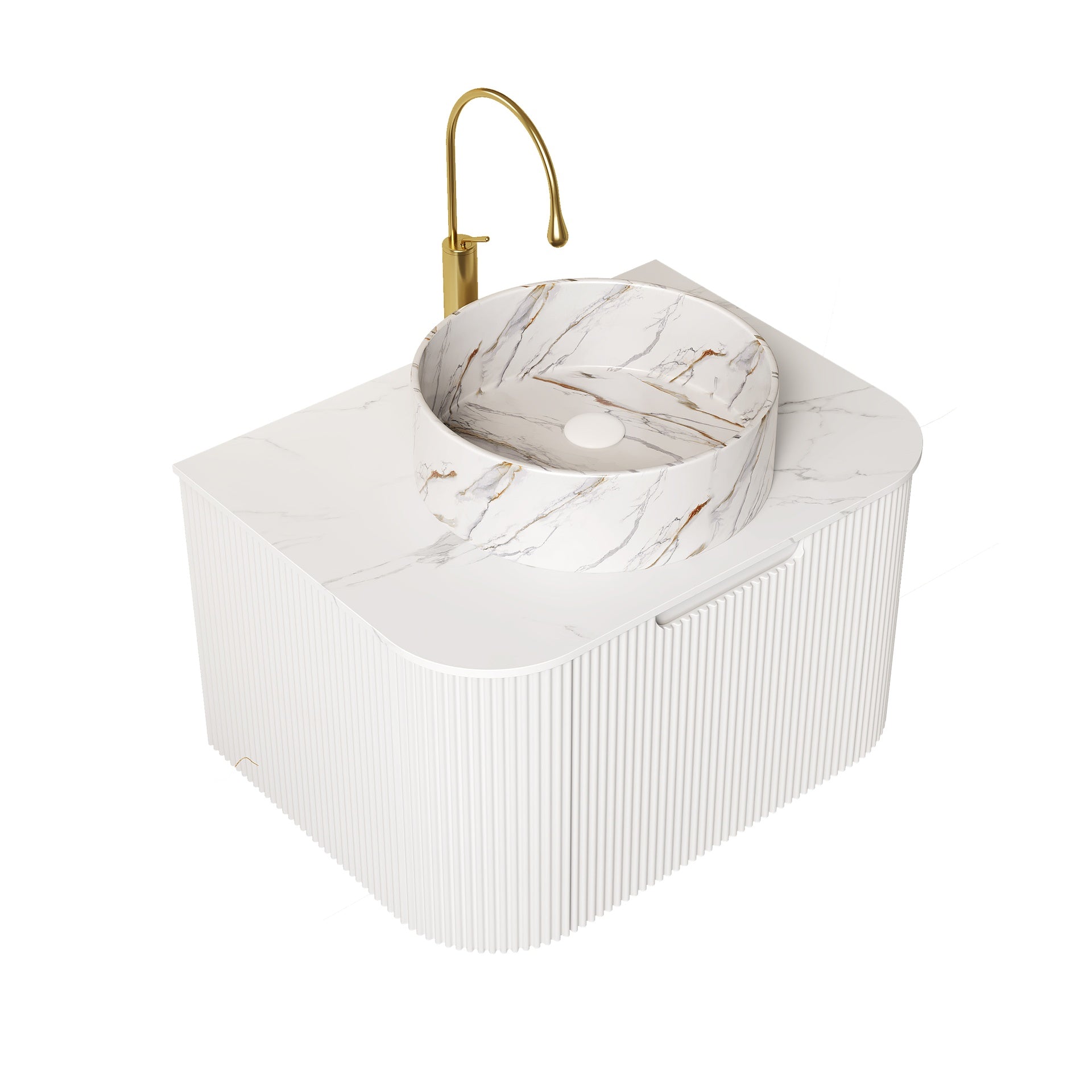 DINA 24" Bathroom Vanity&Sink, Floating Curved Edges Striped Storage Plywood Cabinet with Drawer, Matte Stone White Pattern Ceramic Basin&Sintered Stone Top, Pre-assembled, White (New SKU)