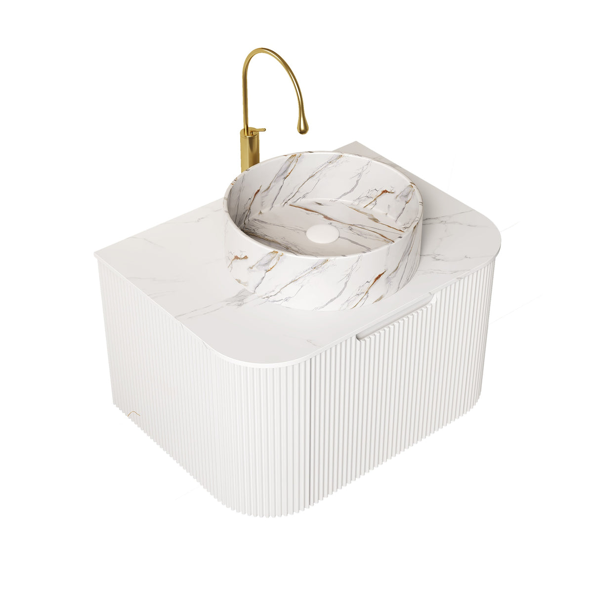 DINA 24" Bathroom Vanity&Sink, Floating Curved Edges Striped Storage Plywood Cabinet with Drawer, Matte Stone White Pattern Ceramic Basin&Sintered Stone Top, Pre-assembled, White (New SKU)