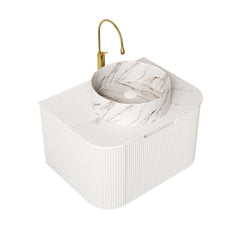 DINA 24" Bathroom Vanity&Sink, Floating Curved Edges Striped Storage Plywood Cabinet with Drawer, Matte Stone White Pattern Ceramic Basin&Sintered Stone Top, Pre-assembled, White (New SKU)