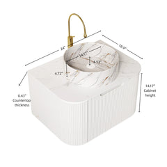 DINA 24" Bathroom Vanity&Sink, Floating Curved Edges Striped Storage Plywood Cabinet with Drawer, Matte Stone White Pattern Ceramic Basin&Sintered Stone Top, Pre-assembled, White (New SKU)