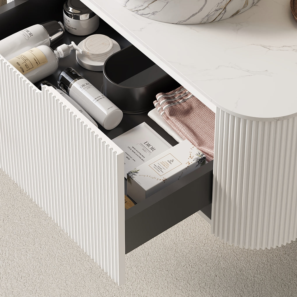 DINA 24'' Wall Mounted Plywood Cabinet with Carrara White Sintered Stone Countertop, One Drawer, NO Basin, NO Faucet and Drain, White Color (New SKU)