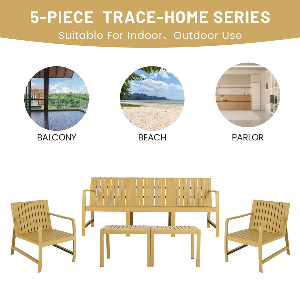 Holiday - 5-Piece Indoor/Outdoor Furniture Set - 3-Seater Sofa ,2 Chairs & 2 Coffee Tables Waterproof PP Material - Easy Assembly Patio Conversation Set (Yellow)