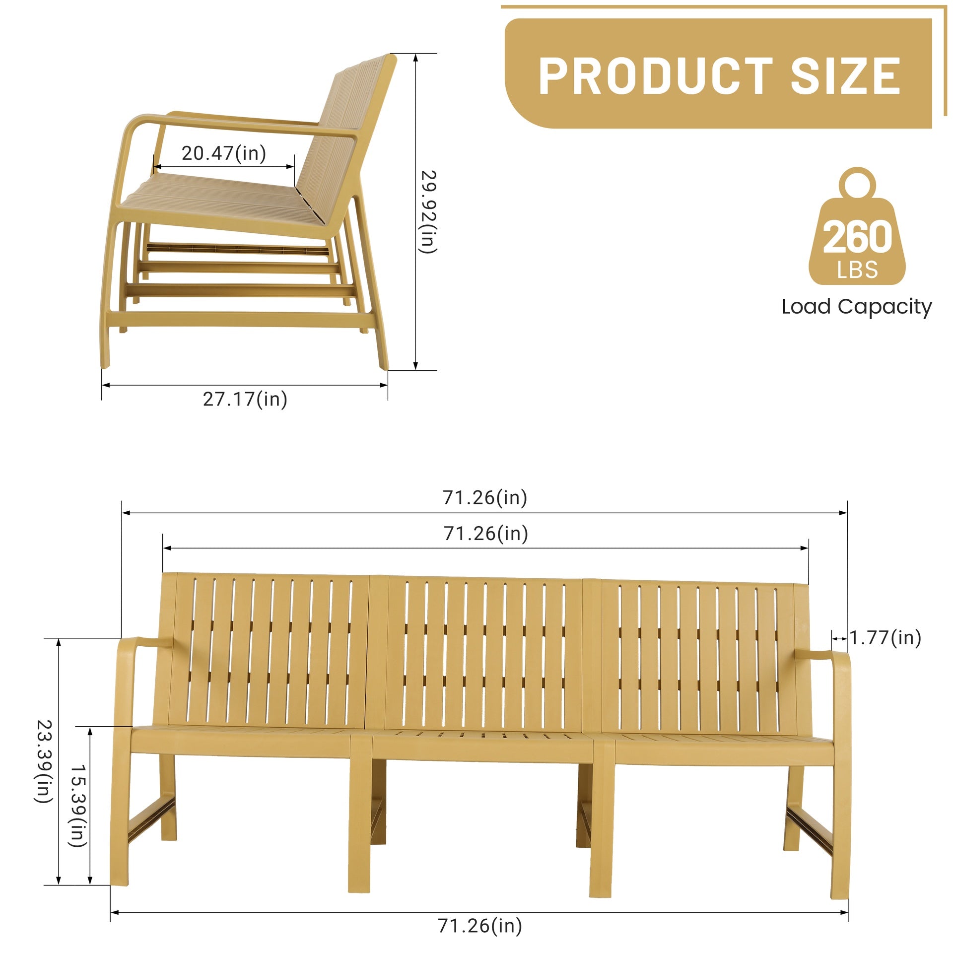 Holiday - 1-Piece Indoor/Outdoor Furniture 3-Seater Sofa Waterproof PP Material  - Easy Assembly Patio Conversation Set (Yellow)