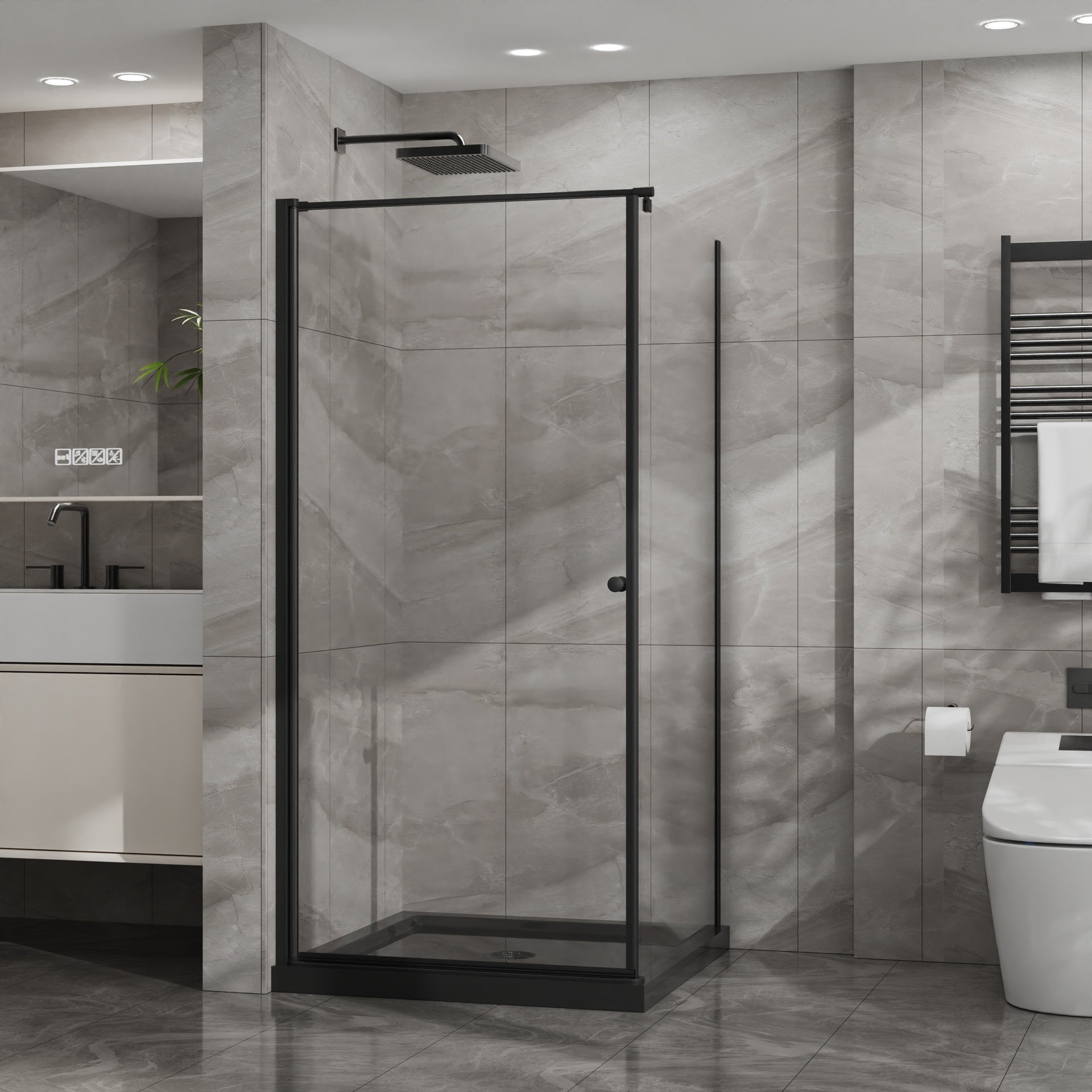 Goodyo Shower Enclosure 36 in.D x 36 in. W x 72 in. H, Corner Shower Door with Shower Base, Pivot Opening Frameless Shower Stall with 1/4 in Clear Tempered Glass, Black Set