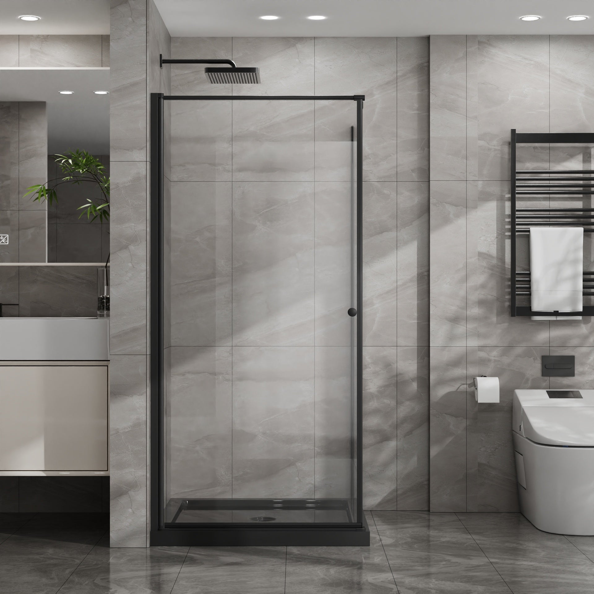 Goodyo Shower Enclosure 36 in.D x 36 in. W x 72 in. H, Corner Shower Door with Shower Base, Pivot Opening Frameless Shower Stall with 1/4 in Clear Tempered Glass, Black Set