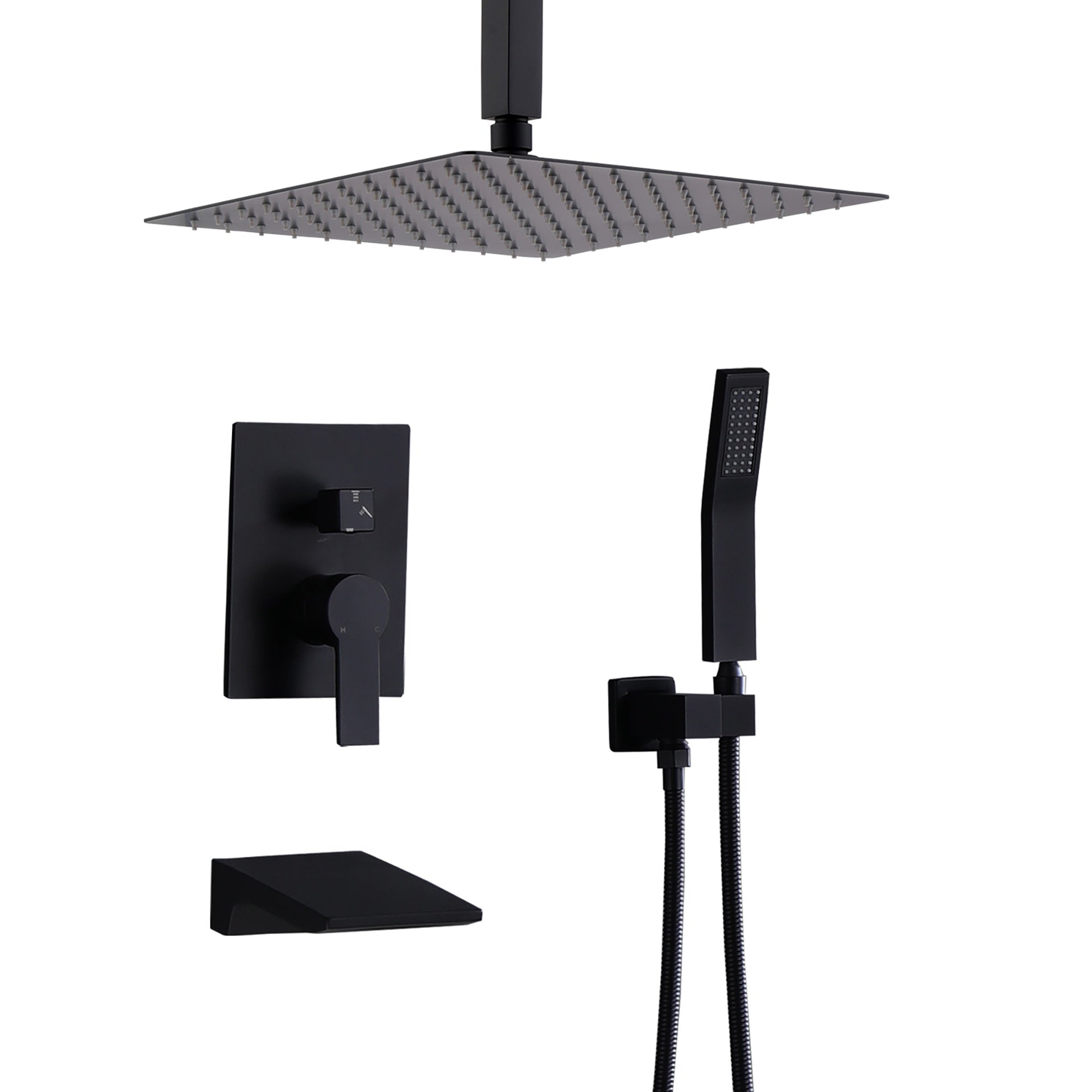 Shower Faucet Set, Shower System Bathroom High Pressure 12 Inches Rainfall Shower Head with Handheld Spray, Wall Mounted Shower Fixtures with Shower Valve and Trim Kit, Matte Black