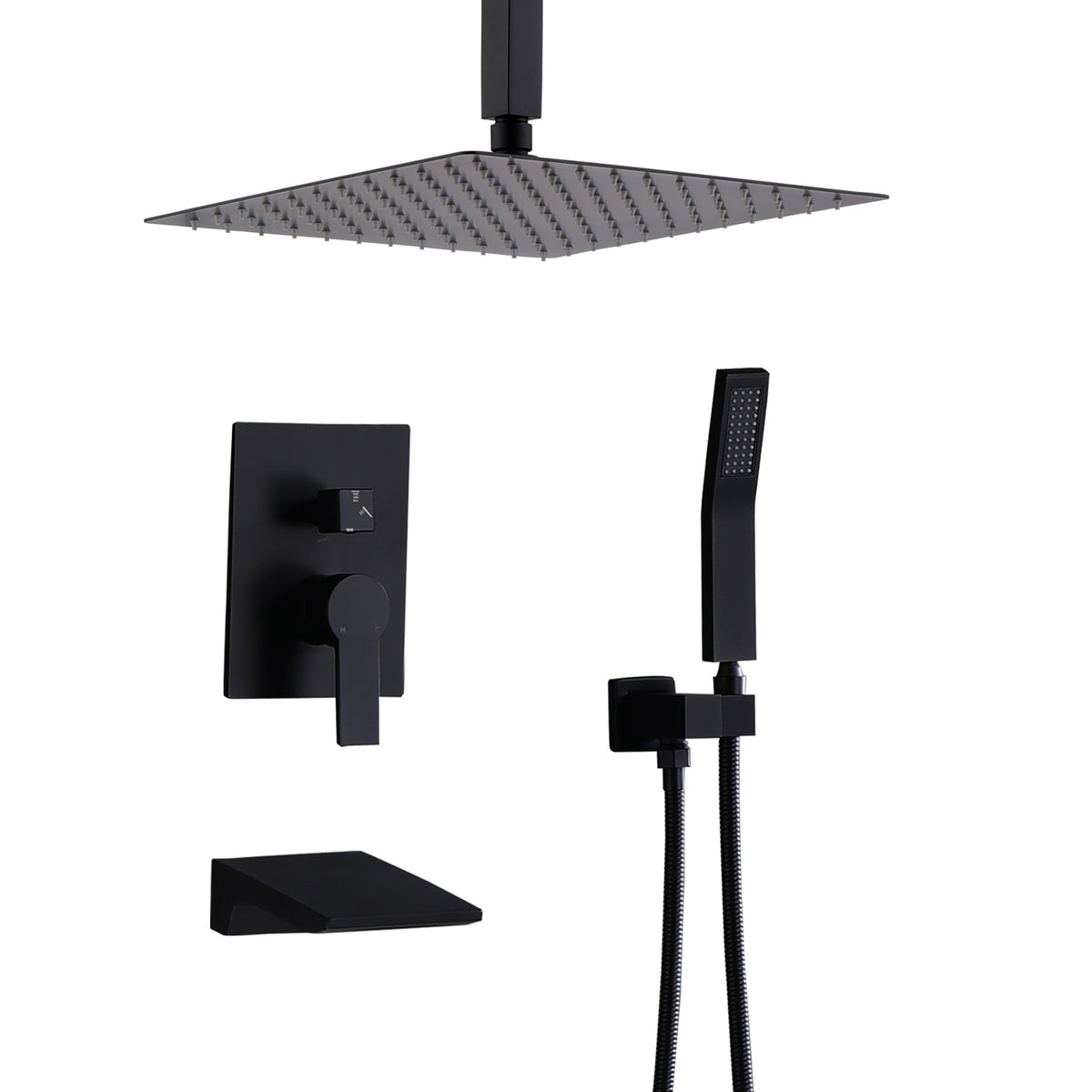 Shower Faucet Set, Shower System Bathroom High Pressure 12 Inches Rainfall Shower Head with Handheld Spray, Wall Mounted Shower Fixtures with Shower Valve and Trim Kit, Matte Black