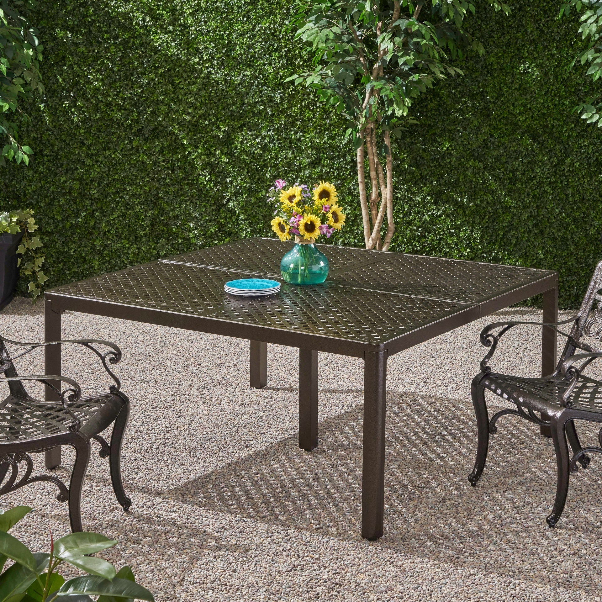 Outdoor Modern Aluminum Dining Table with Woven Accents, Gloss Black