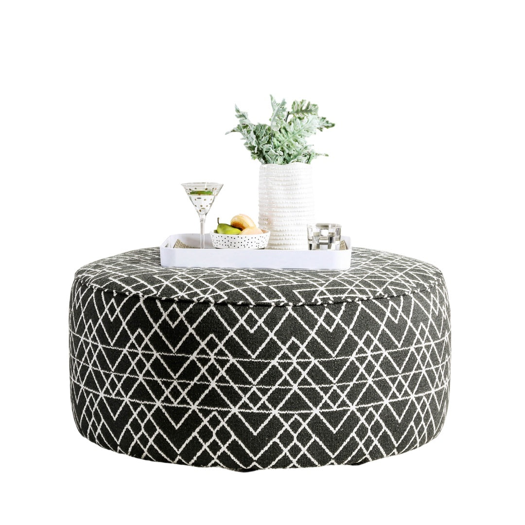 Contemporary Style Round Upholstery Ottoman Welt Trim Black Finish