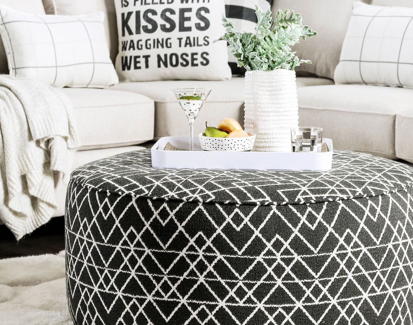 Contemporary Style Round Upholstery Ottoman Welt Trim Black Finish