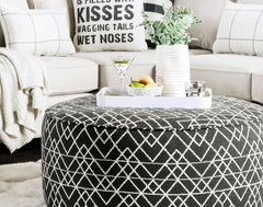 Contemporary Style Round Upholstery Ottoman Welt Trim Black Finish