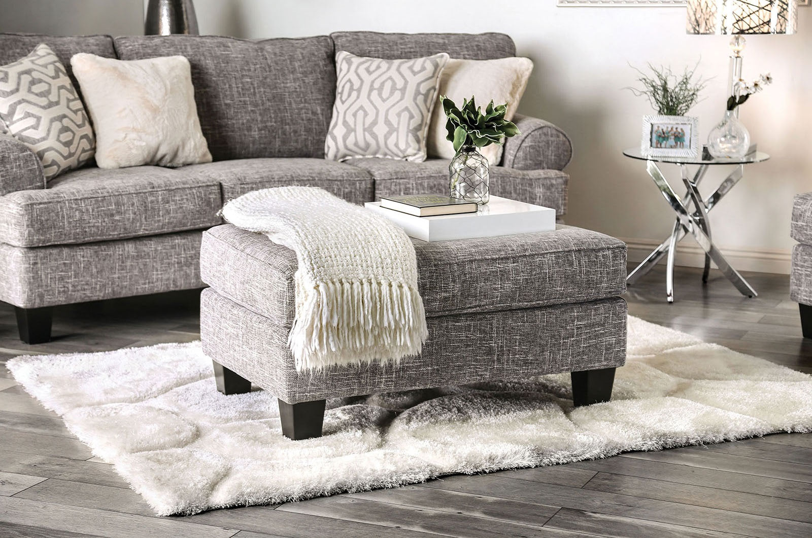 Transitional Style Upholstery Ottoman Gray Finish Conversational Design Box Cushion Tapered Legs