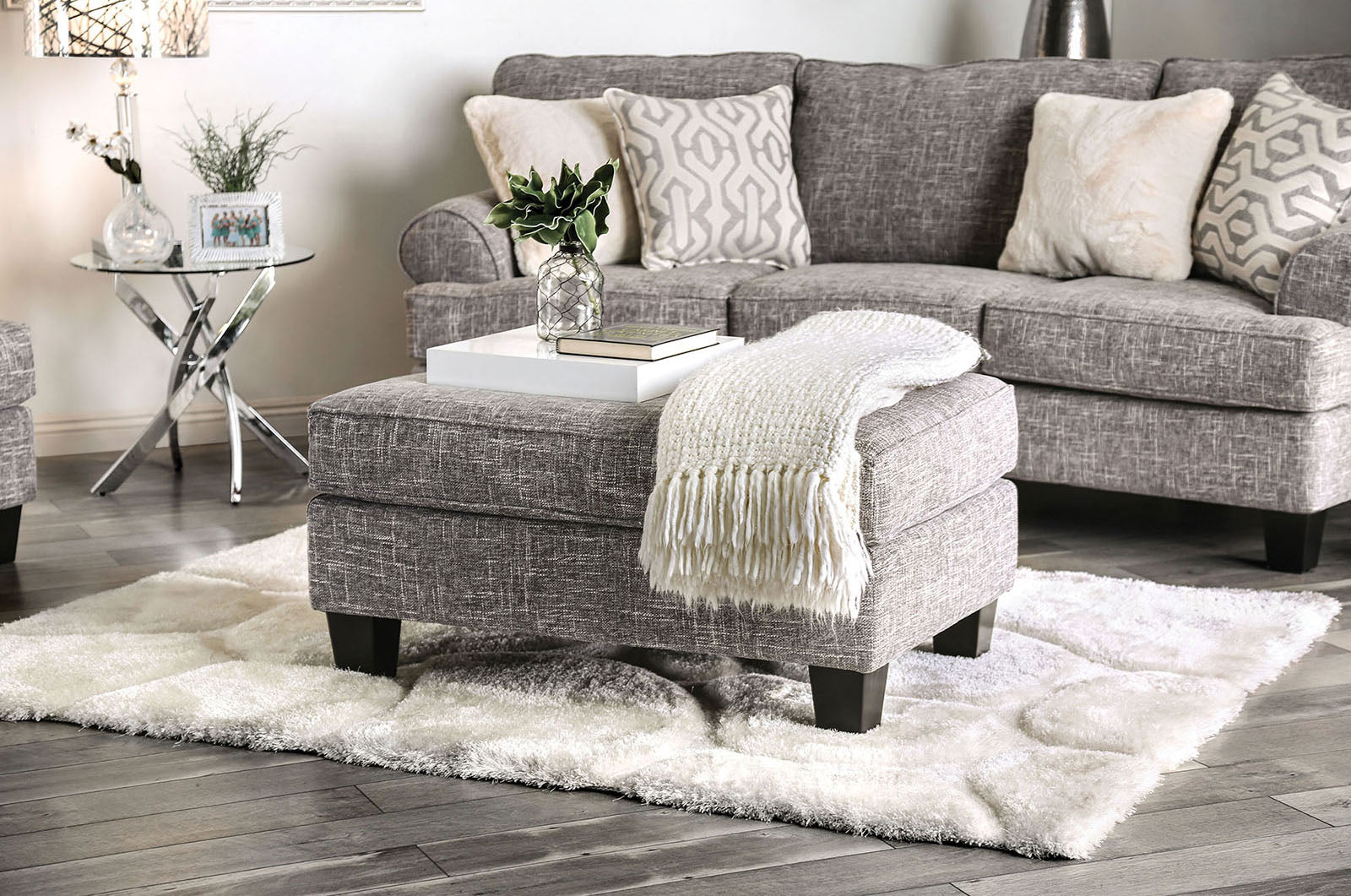 Transitional Style Upholstery Ottoman Gray Finish Conversational Design Box Cushion Tapered Legs