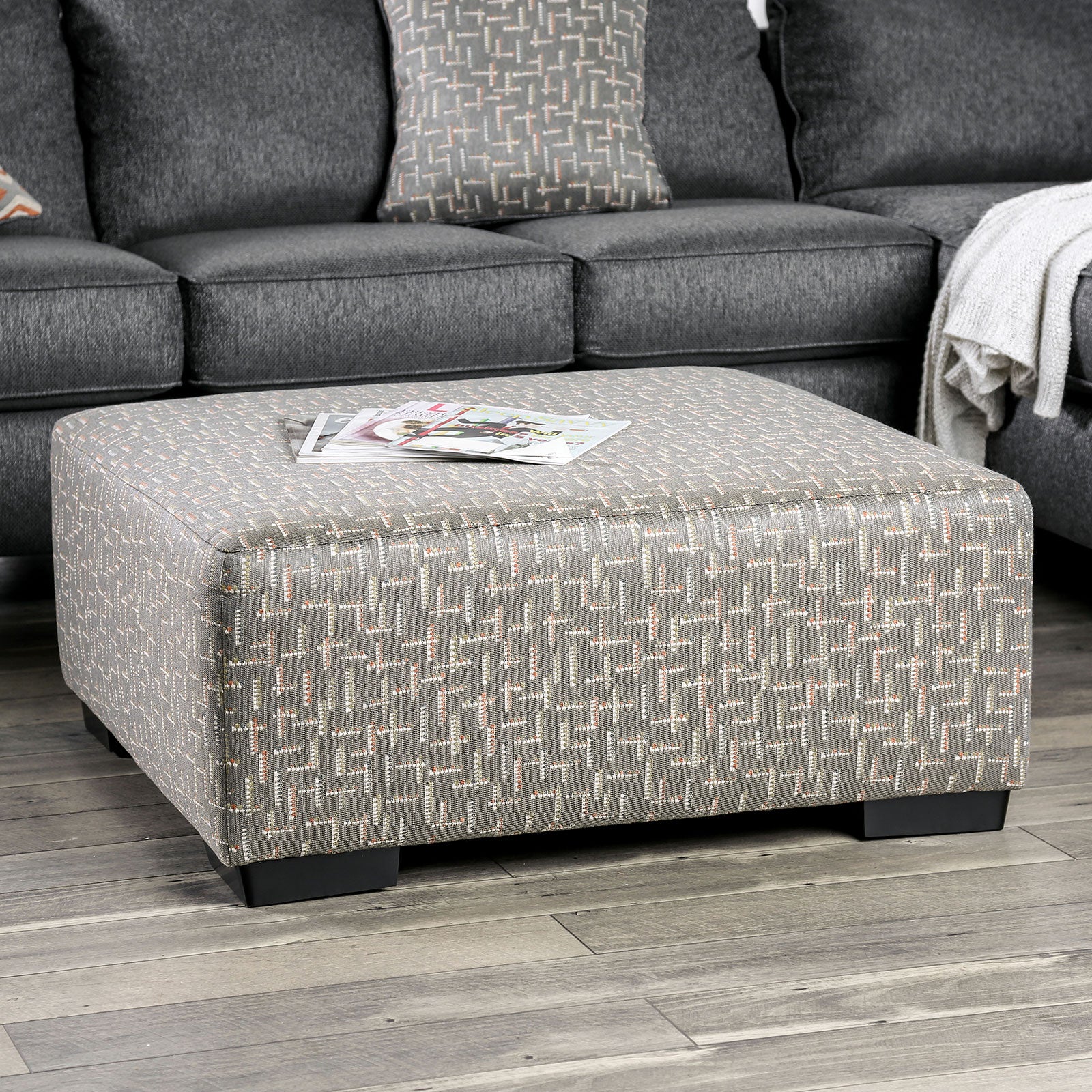 Gray Finish Transitional Style Upholstery Ottoman Block Legs Box Cushion And Medium Density Foam