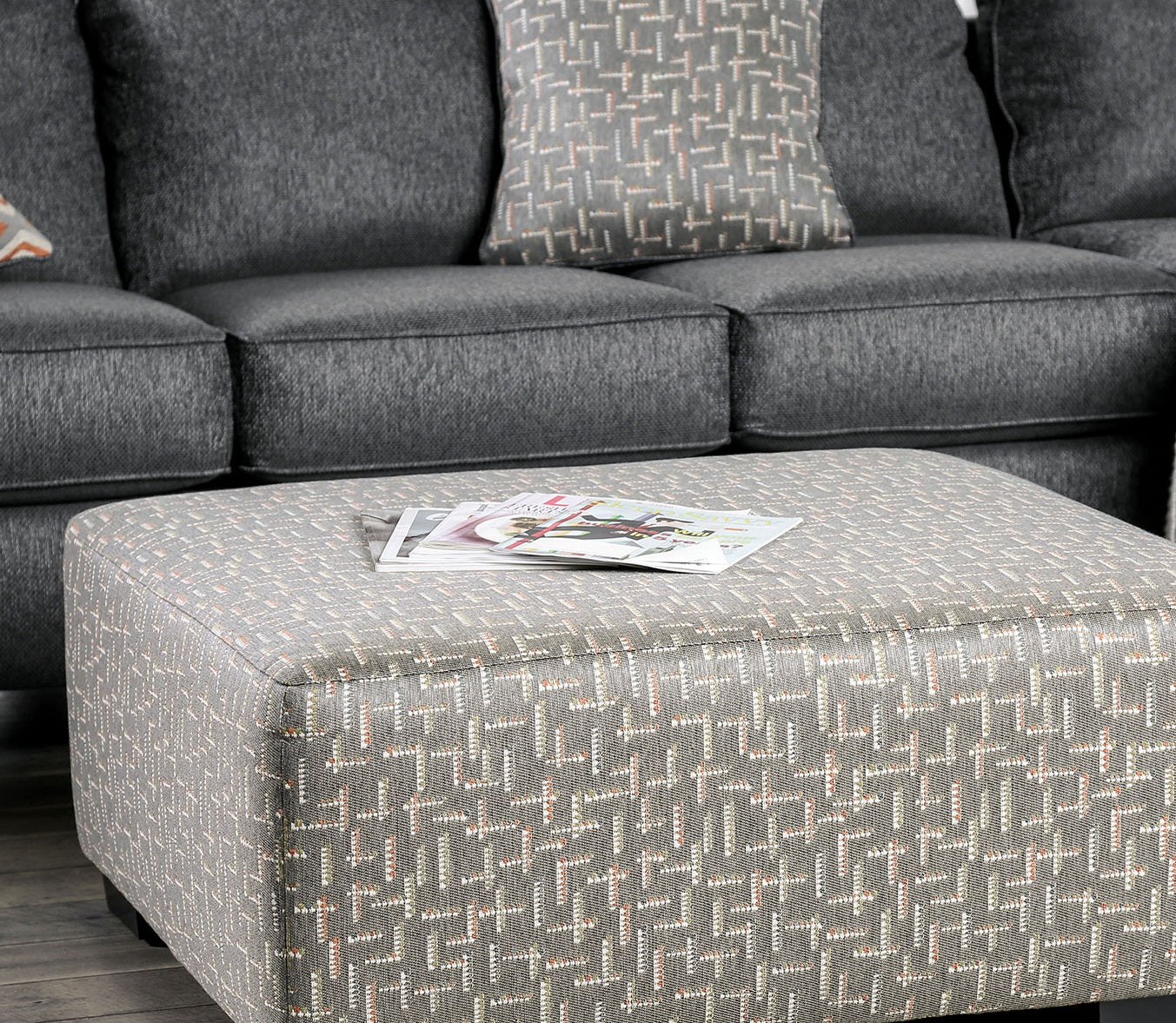 Gray Finish Transitional Style Upholstery Ottoman Block Legs Box Cushion And Medium Density Foam