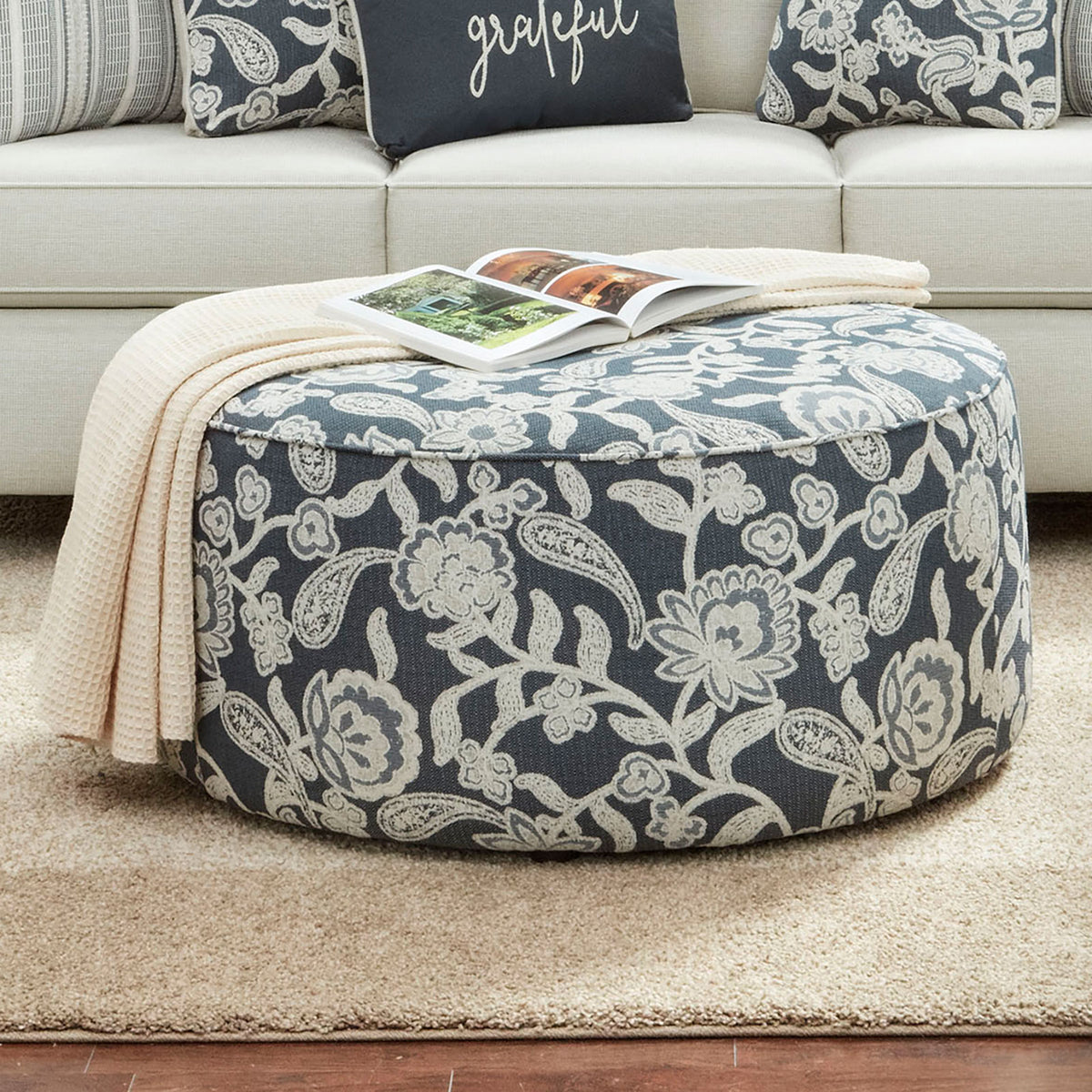 Floral Multi Finish Transitional Style Round Upholstery Ottoman Welt Cord Trim Floral Pattern