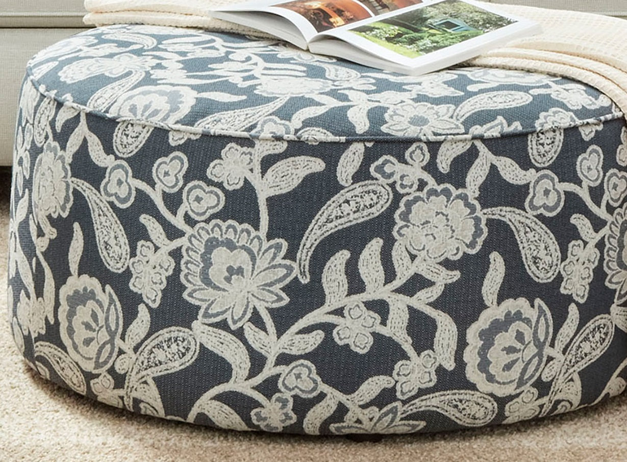 Floral Multi Finish Transitional Style Round Upholstery Ottoman Welt Cord Trim Floral Pattern