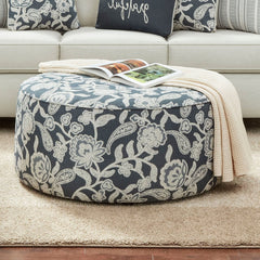 Floral Multi Finish Transitional Style Round Upholstery Ottoman Welt Cord Trim Floral Pattern