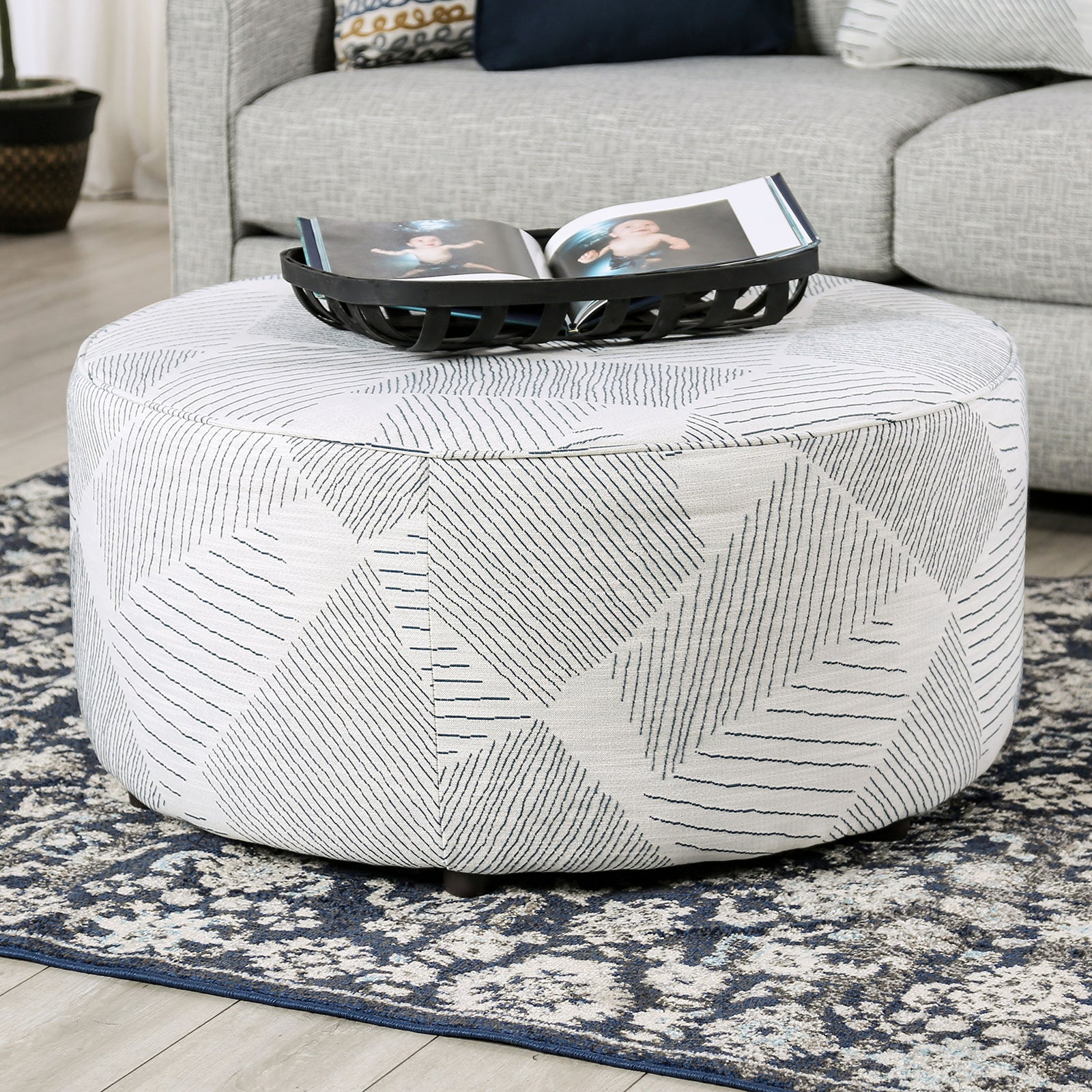 Round Upholstery Ottoman Transitional Style Welt Trim Gray & Navy Finish