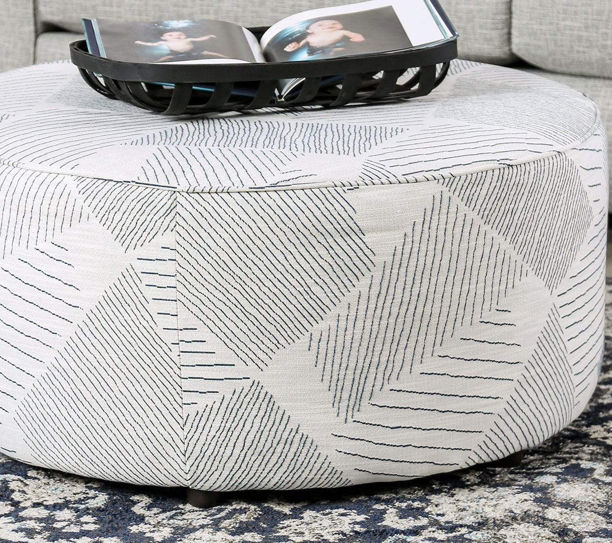 Round Upholstery Ottoman Transitional Style Welt Trim Gray & Navy Finish