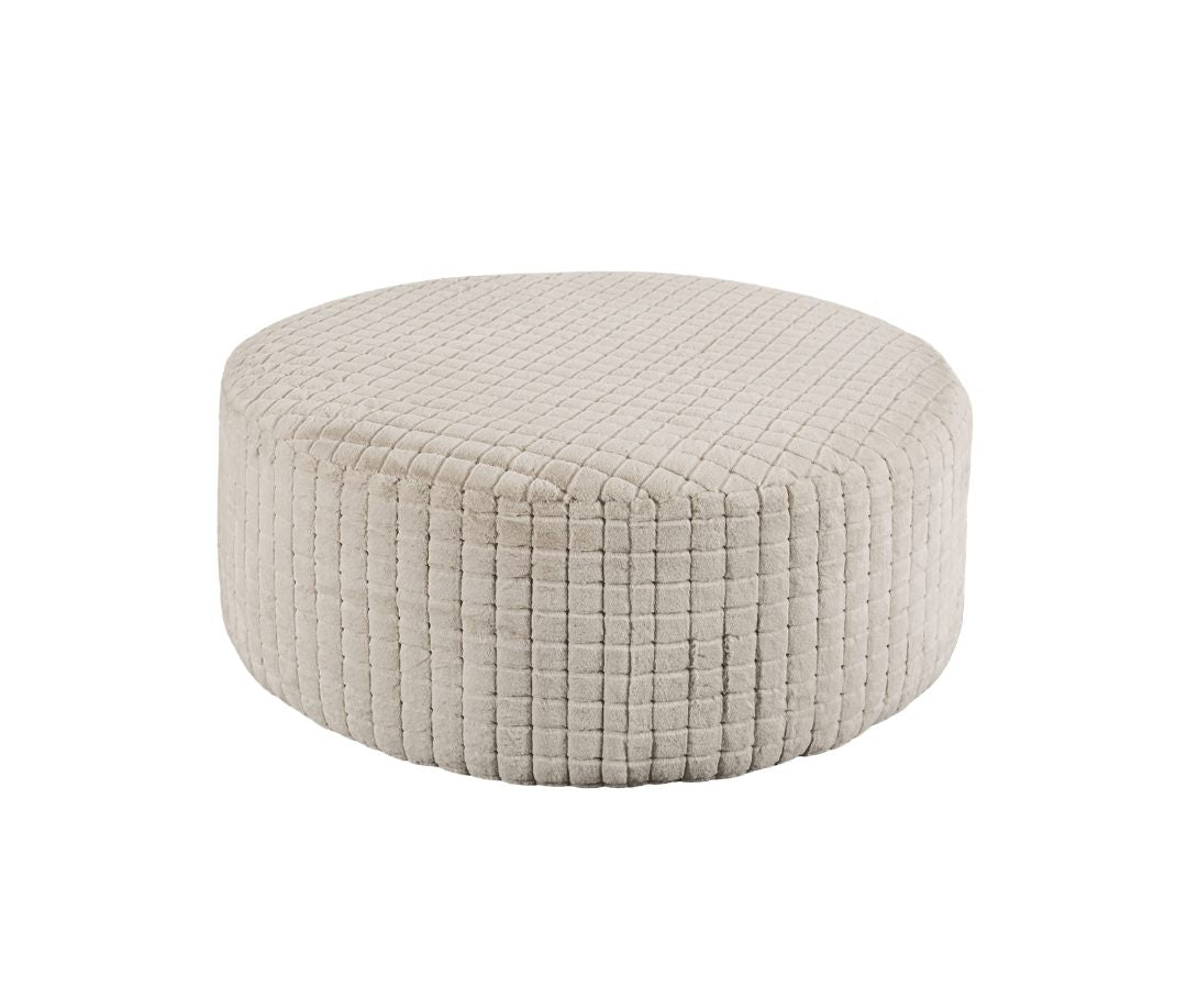 Soft Upholstery Top Round Ottoman Transitional Style Patterend Chenille Tan Finish