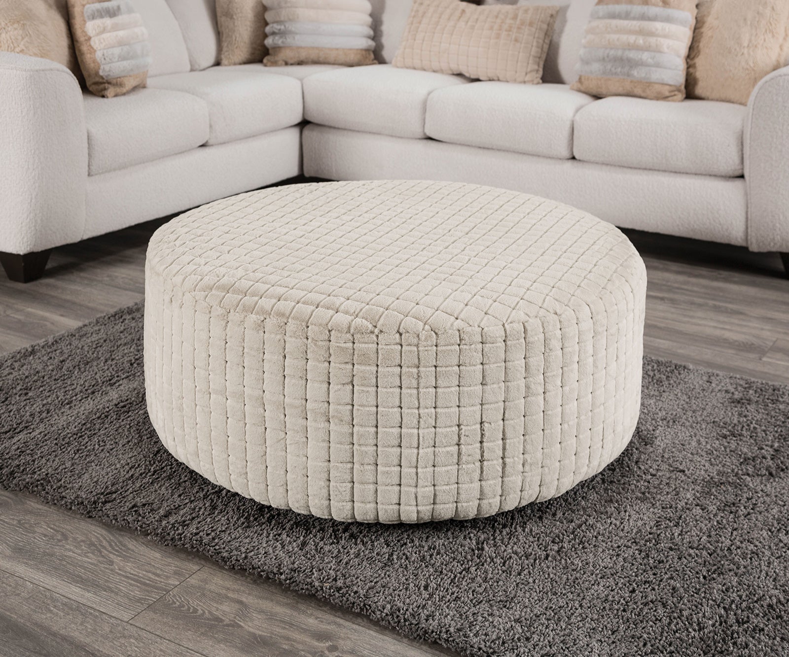 Soft Upholstery Top Round Ottoman Transitional Style Patterend Chenille Tan Finish