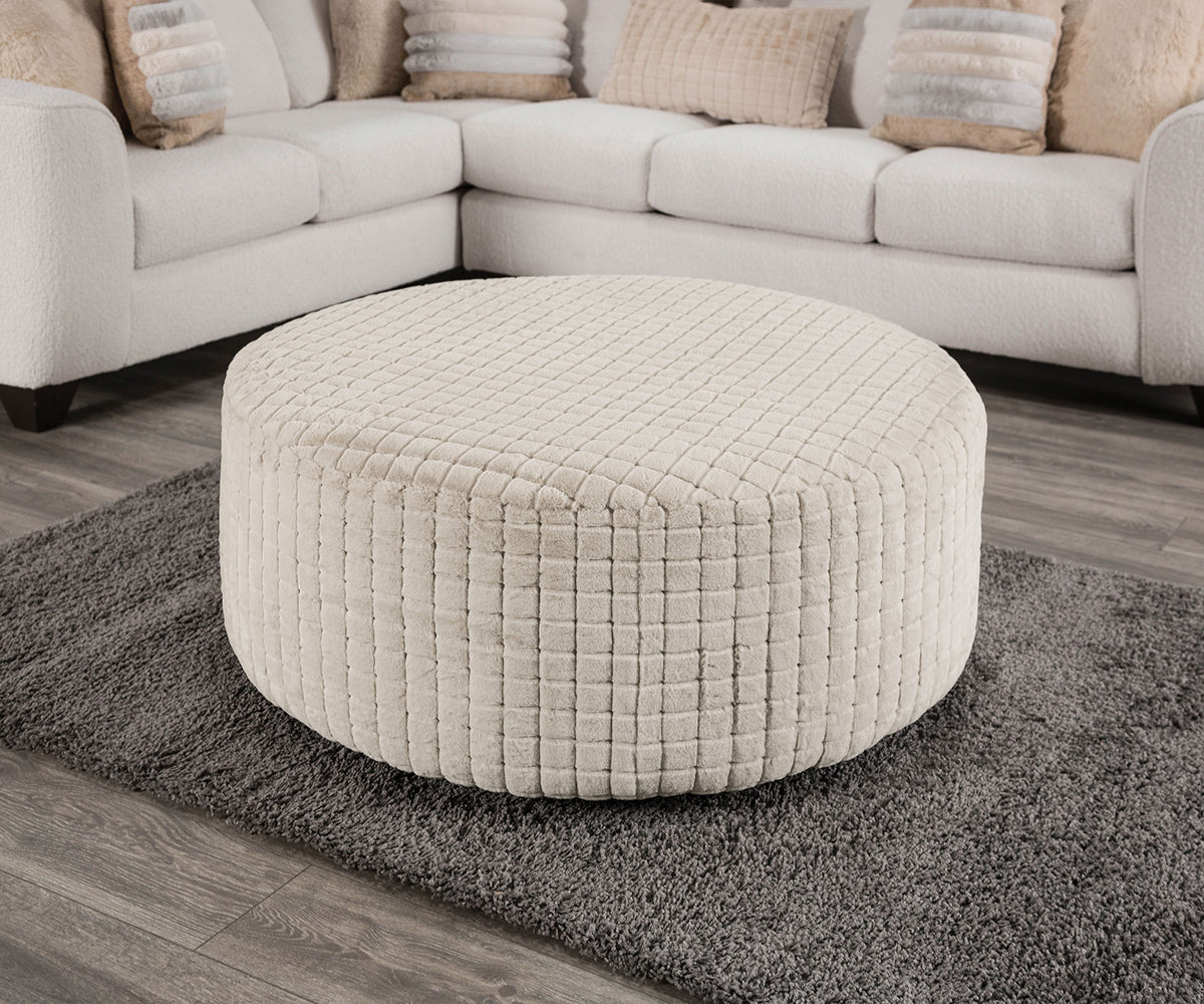 Soft Upholstery Top Round Ottoman Transitional Style Patterend Chenille Tan Finish