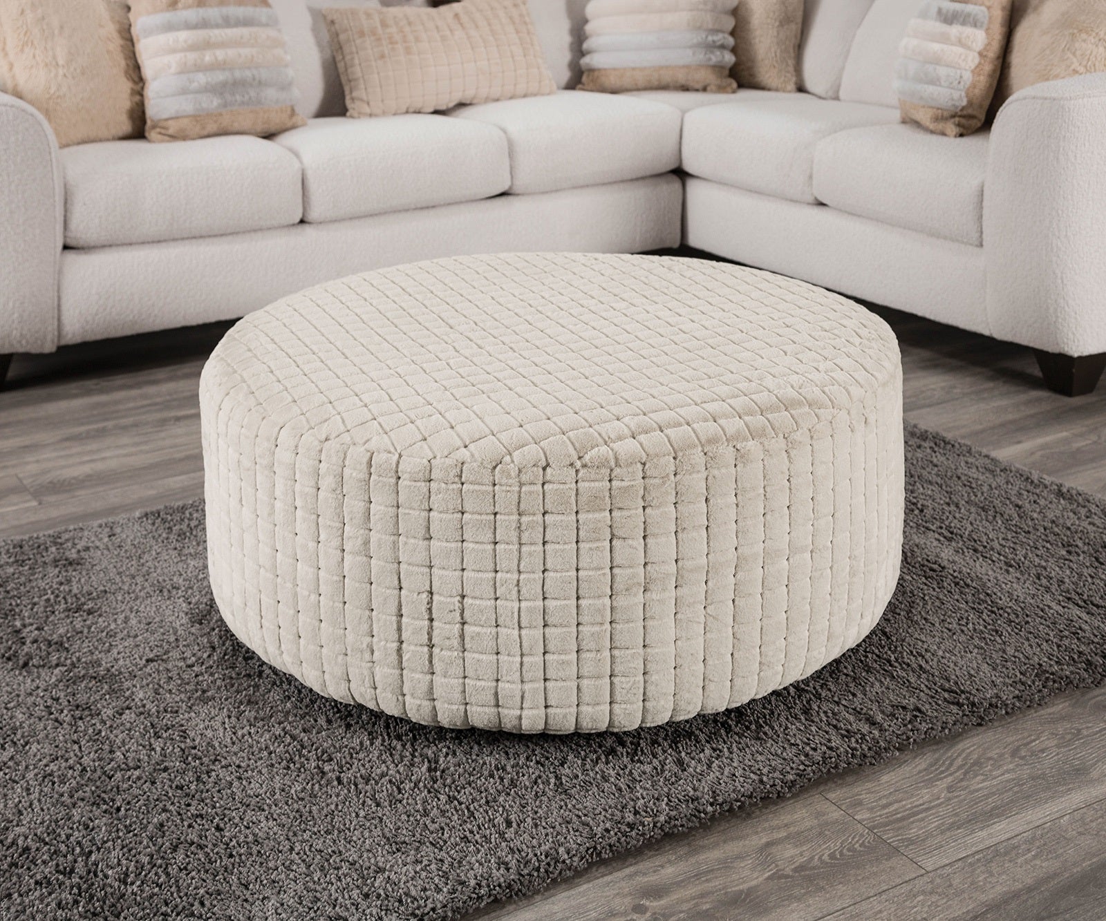 Soft Upholstery Top Round Ottoman Transitional Style Patterend Chenille Tan Finish