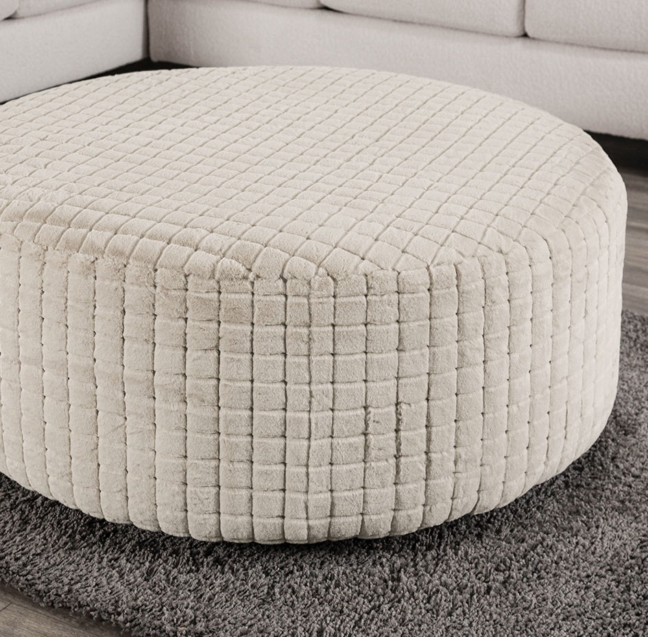 Soft Upholstery Top Round Ottoman Transitional Style Patterend Chenille Tan Finish