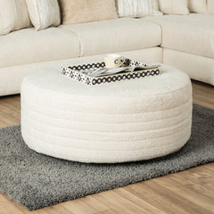 Transitional Style Upholstery Round Cream-toned Ottoman Filled Dacron Fiber Ivory Finish