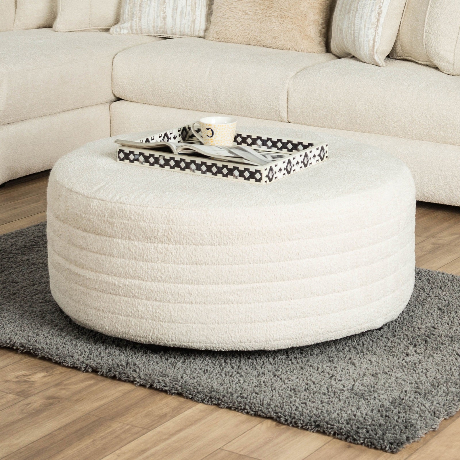 Transitional Style Upholstery Round Cream-toned Ottoman Filled Dacron Fiber Ivory Finish