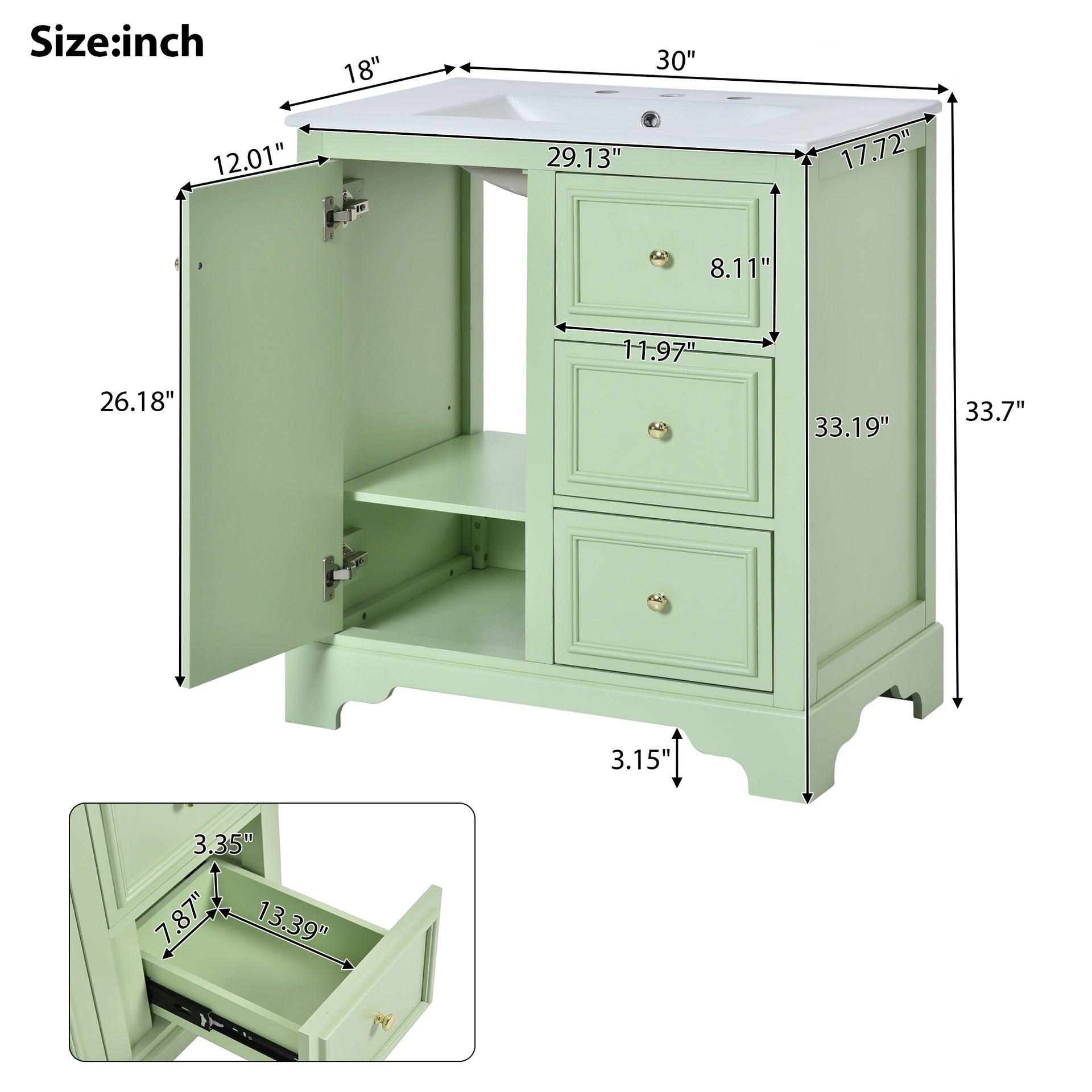 30-Inch bathroom vanity cabinet with ceramic basin, 3 drawers and adjustable shelves