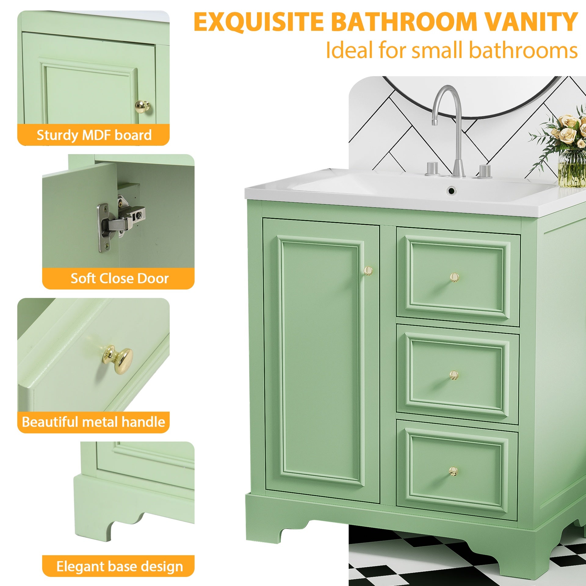30-Inch bathroom vanity cabinet with ceramic basin, 3 drawers and adjustable shelves