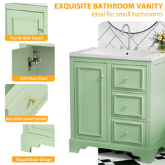 30-Inch bathroom vanity cabinet with ceramic basin, 3 drawers and adjustable shelves